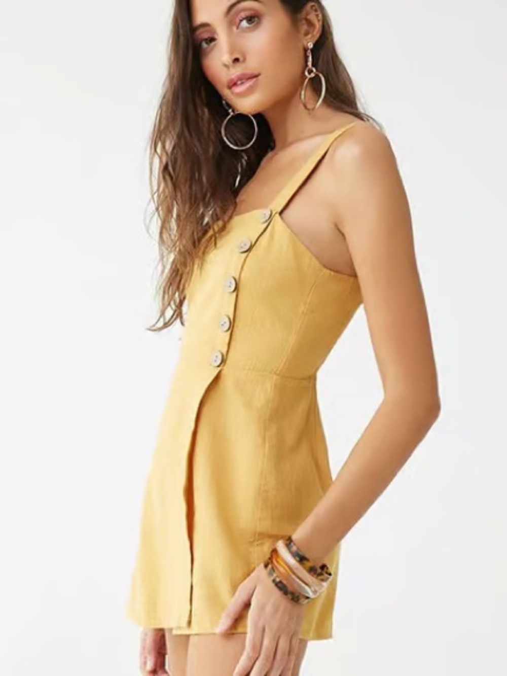 EUC FOREVER 21 Mustard Yellow Button-Front Mini Romper, Skort Style, Textured